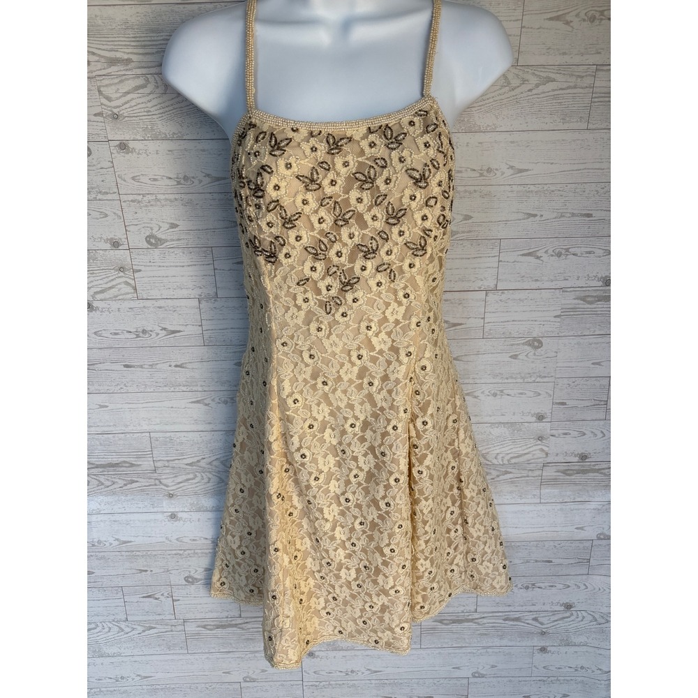 Vintage silk hand beaded cream lace mini dress ivory Royal Feelings homecoming